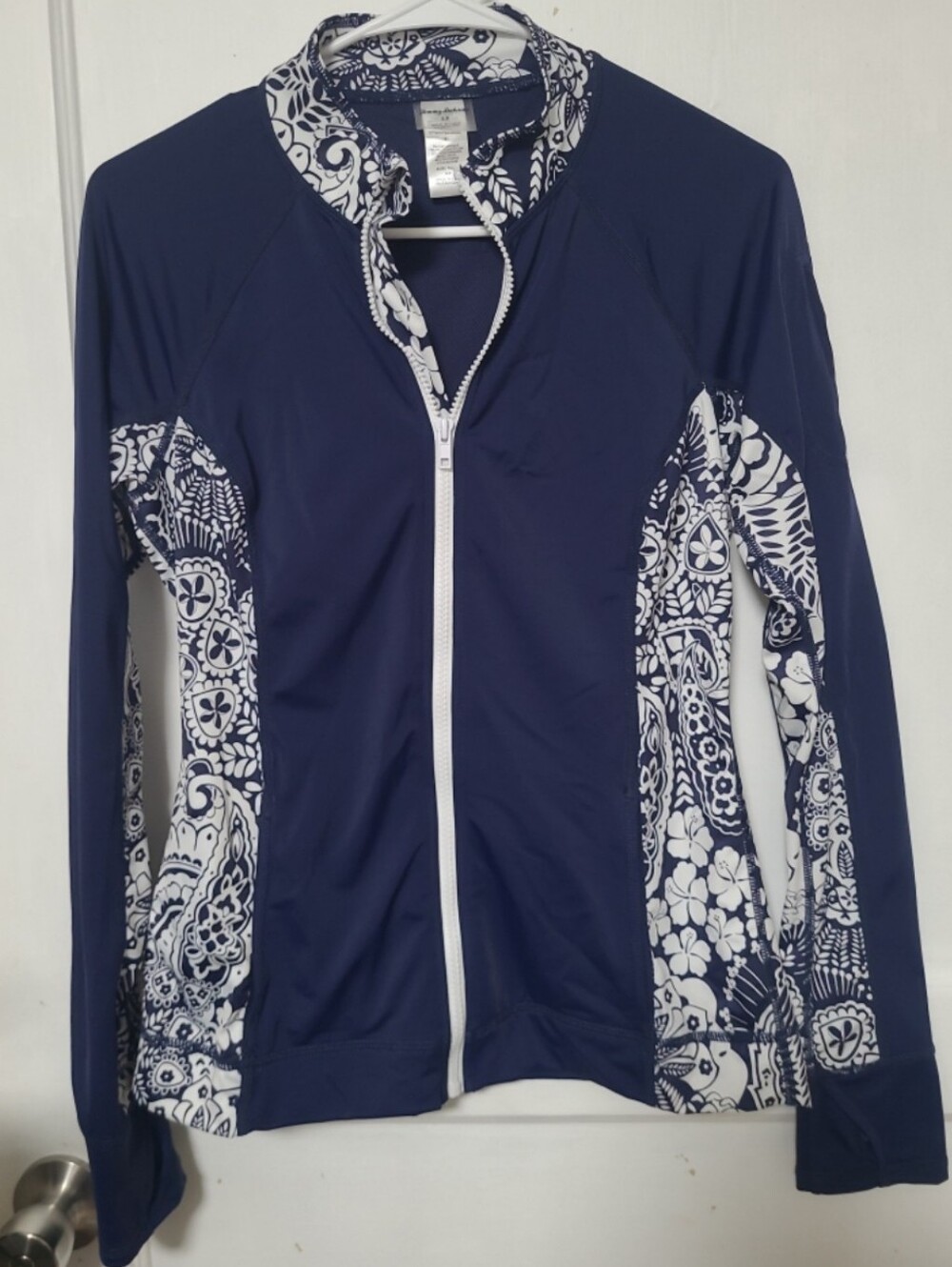 Tommy Bahama Navy and White Floral Zip-Front Rashguard Top Small